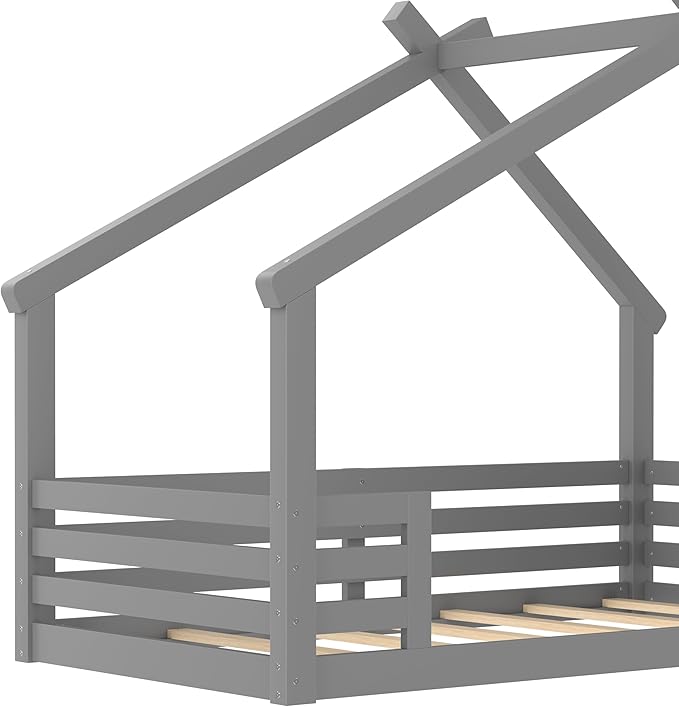 Polibi Twin Size House Floor Bed with Window and a Small Shelf, Solid Wood Low Profile Floor Bed for Kids, No Box Spring Needed, Grey