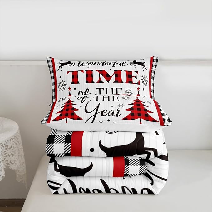Merry Christmas Kids Comforter Set Queen Size,Snowflake Deer Pine Trees Romantic Bedding,Girls Boys Adults Bedroom/Xmas Cabin Decor,Grids Stylish Down Comforter,Rustic Duvet Insert,2 Pillowcases
