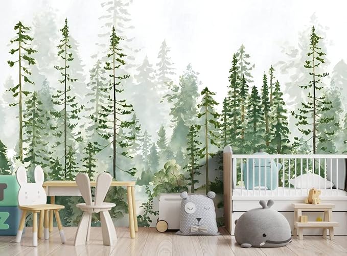 Boys or Girls Cartoon Pine Tree Forest wallpeper Nursery Kids Bedroom Wall Mural - 91"x65"（Not Peel and Stick）
