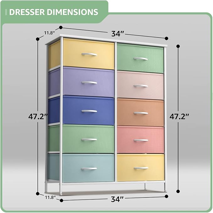 Sorbus Kids Dresser with 10 Drawers - Storage Unit Organizer Chest for Clothes - Bedroom, Kids Room, Nursery, & Closet - Steel Frame, Wood Top & Handles, and Easy Pull Fabric Bins