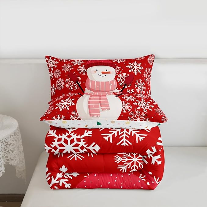 Feelyou Christmas Comforter Set All Season Snowman Red Bedding Set with 2 Pillow Cases Xmas Snowflakes Microfiber Kids King Bedclothes Winter Snow Bedroom Decor Duvet Quilt Breathable Soft Lightweight