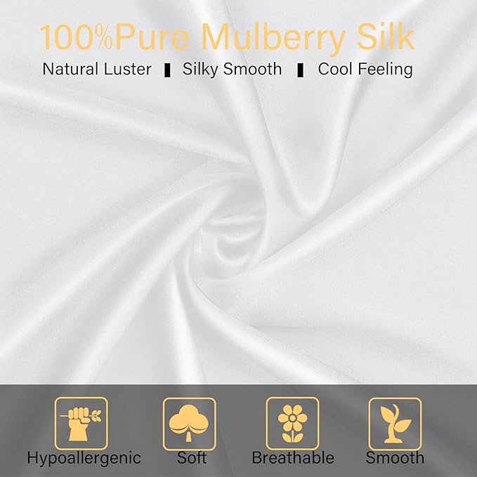 100% Mulberry Silk Pillowcase 2 Pack for Hair and Skin,with Hidden Zipper,Both Sides 22 Momme Natural Silk Pillow Cover,Soft Breathable & Smooth (White, Queen)