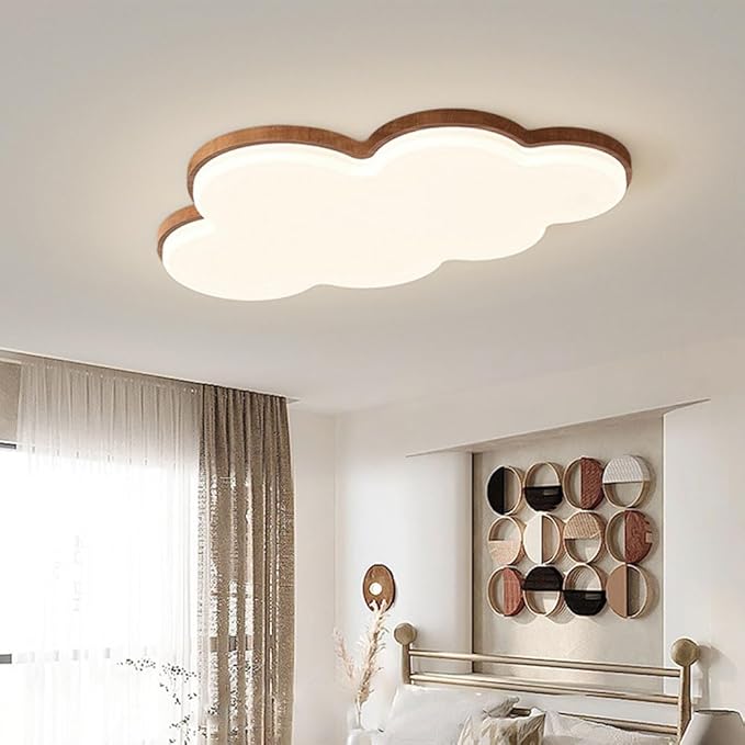 Cute Cloud LED Ceiling Light Wood Grain Edge White Flush Mount Fixture Diameter 55CM for Kids Room Nursery Bedroom Modern Decor Lighting