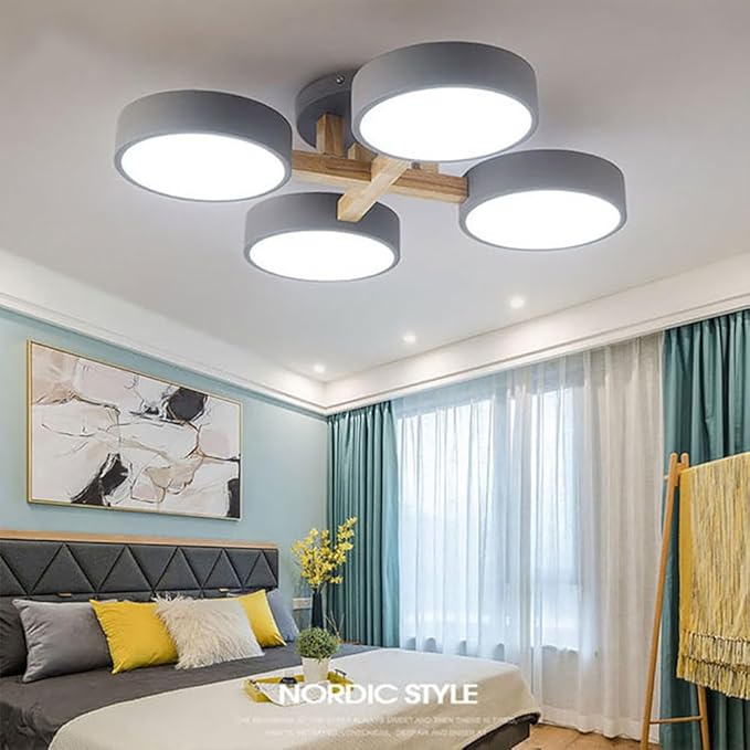 LED Flush Mount Ceiling Light Fixture with 3000K/4000K/6000K Temperatures Selectable,24Inch 44W Chandelier Modern Wood Ceiling Lamp for Bedroom Kitchen, 4-Lights Indoor Lighting Grey Pendant Light