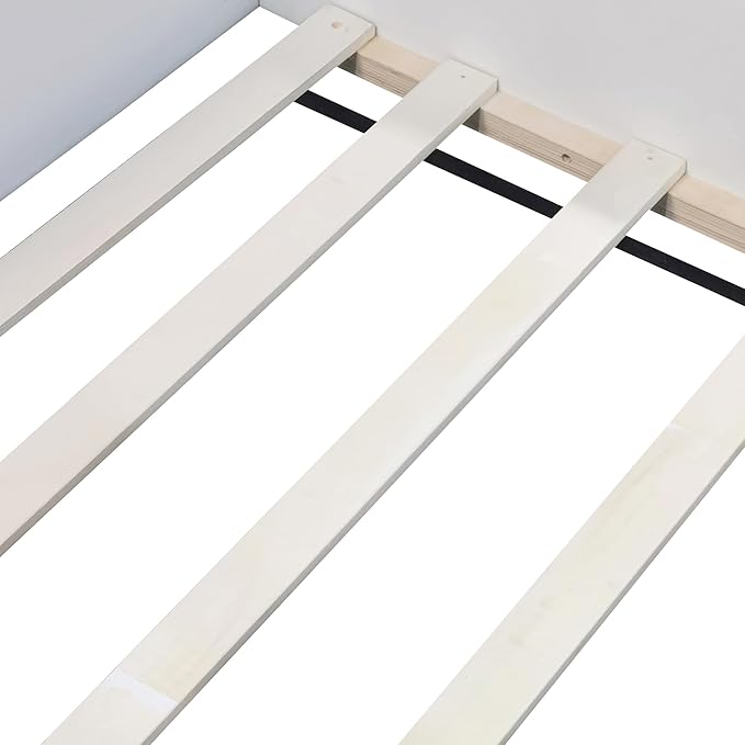 Full Size Upholstered Daybed Frame with Fence and Stairs, Montessori Kids Floor Bed with Sturdy Slat Support for Kids Boys Girls