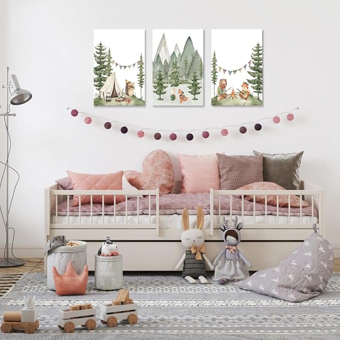 Camping Nursery Wall Art, Woodland Hiking Nursery Wall Decor, Bear Fox Animals Forest Mountain Wall Art, Nature Kid Print for Baby Boy Girl Bedroom, Children's Room Decor, Framed Canvas, 12"x16"x3