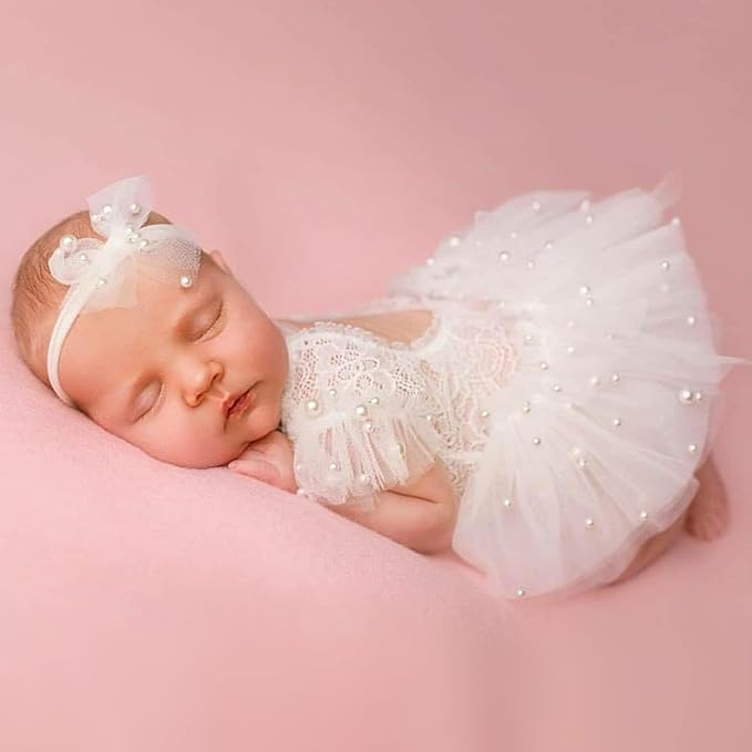 Newborn Lace Romper, 2 PCS Baby Girl Photography Props, Newborn Girl Photography Outfits with Flower Headband for Infants
