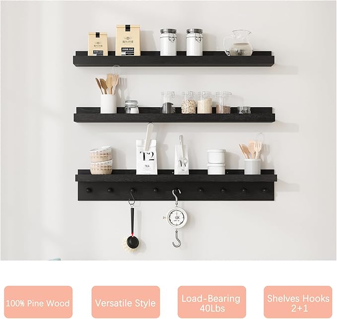MBYD Floating Wooden Wall Shelves Black, Nursery Floating Bookshelf for Kids Room, Wall Mount Book Shelves with Hooks for Living Room Bedroom Bathroom, 36 Inch Picture Ledge Shelf Set of 3