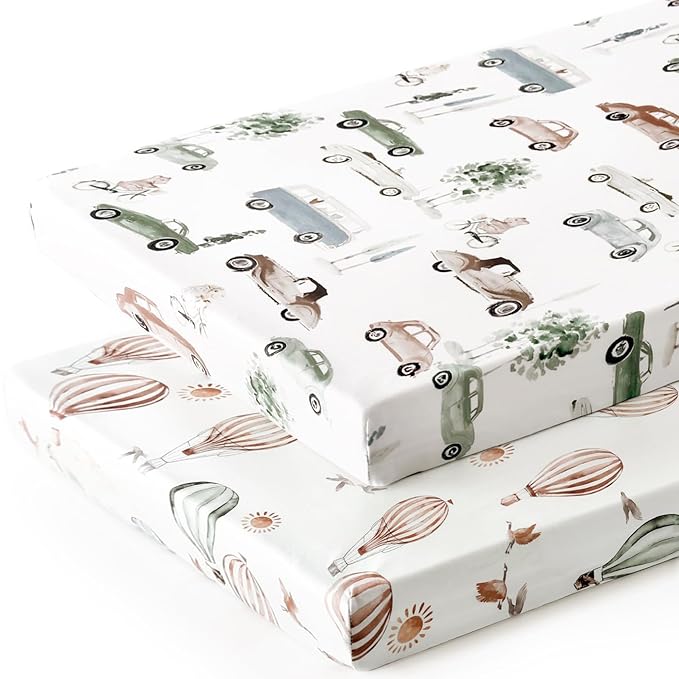 Pack n Play Sheets Fitted 2 Pack, Stretchy Ultra Soft Jersey Knit Pack and Play Sheets, Universal Fitted Portable/Mini Crib Mattresses Snug and Safe, Stylish Cars Print for Boys and Girls