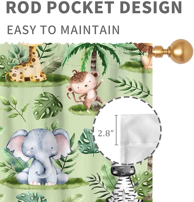 Jungle Safari Animals Curtains, Cartoon Animals Lion Giraffe Elephant Woodland Tropical Leaf Green Window Drapery for Kids Boys Girls Baby Living Room Bedroom Nursery 2 Panels, 84"x84" Inch
