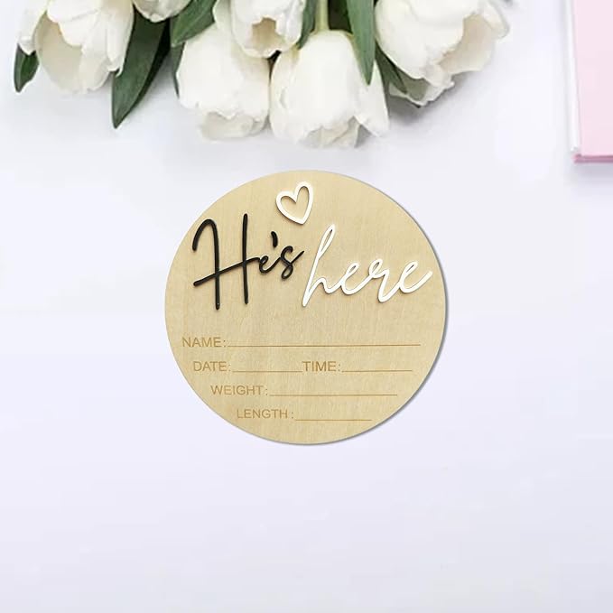 Baby Announcement Sign, 5.9 Inch Wooden Hello World Newborn Signs, Birth Announcement Sign, Gender Reveal Signs, He's here Decoration, Welcome Newborn Arrival To World, Hospital Nursery for Baby (Black He's)