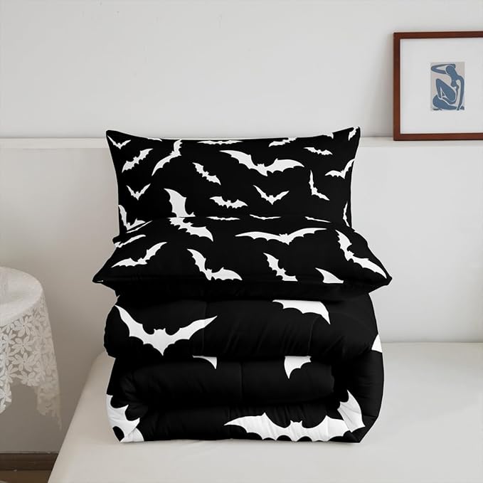 Erosebridal Bat Comforter Set Full Size for Kids Bedroom with 2 Pillow Cases Happy Halloween Bedding Set Gothic Spooky Duvet Insert Cartoon Style Quilt, Black White