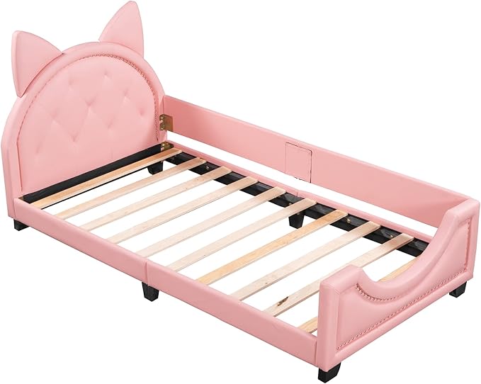 Merax Cute Twin Daybed Frame for Kids with Carton Ears Shaped Headboard, PU Leather Sturdy Kids Daybed Upholstered Twin Beds for Girls, Sofa Bed Low Profile Single Bed, Pink