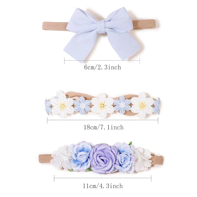 cherrboll Baby Girl Nylon Headbands, 3Pcs Handmade Floral Hair Bows, Stretchy Flower Hairbands for Newborns Infants Toddlers
