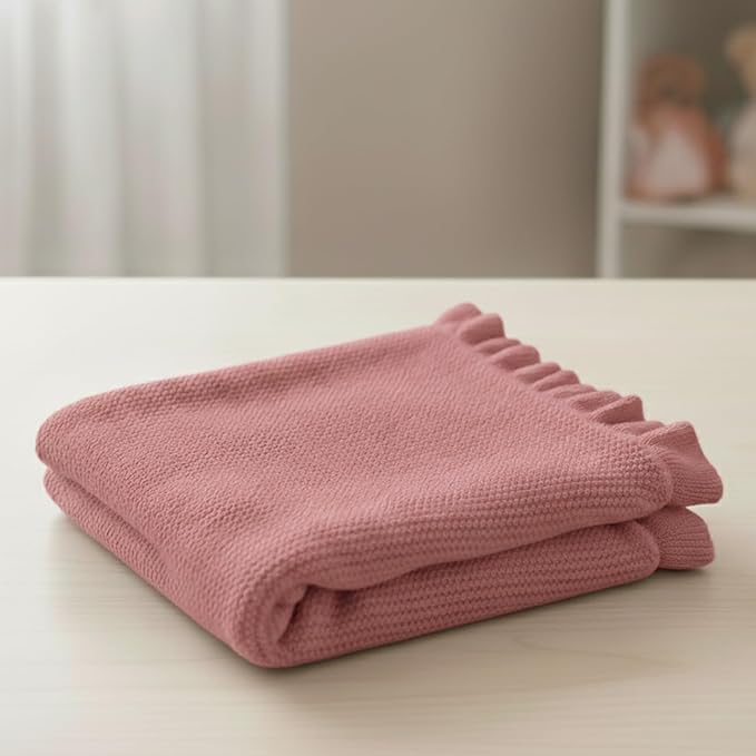 Cotton Baby Blanket with Ruffle Edge Soft Breathable Newborn Blanket for Boys & Girls, Lightweight Knit Throw for Crib, Stroller & Nursery Multiple Colors Available Red 30x40