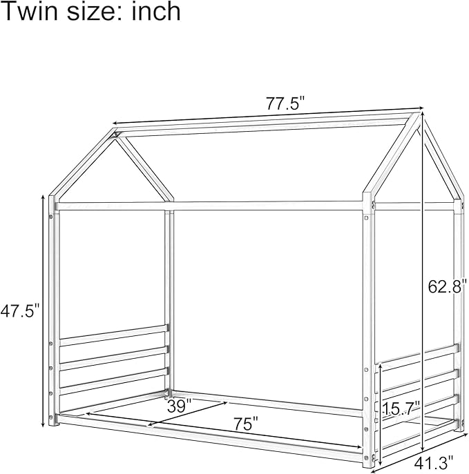 Harper & Bright Designs Twin Size Floor Bed Frame for Kids, House Bed with Roof and Guardrail, Metal Montessroi Floor Bed for Boys Girls, Easy Assemble, No Slats,White