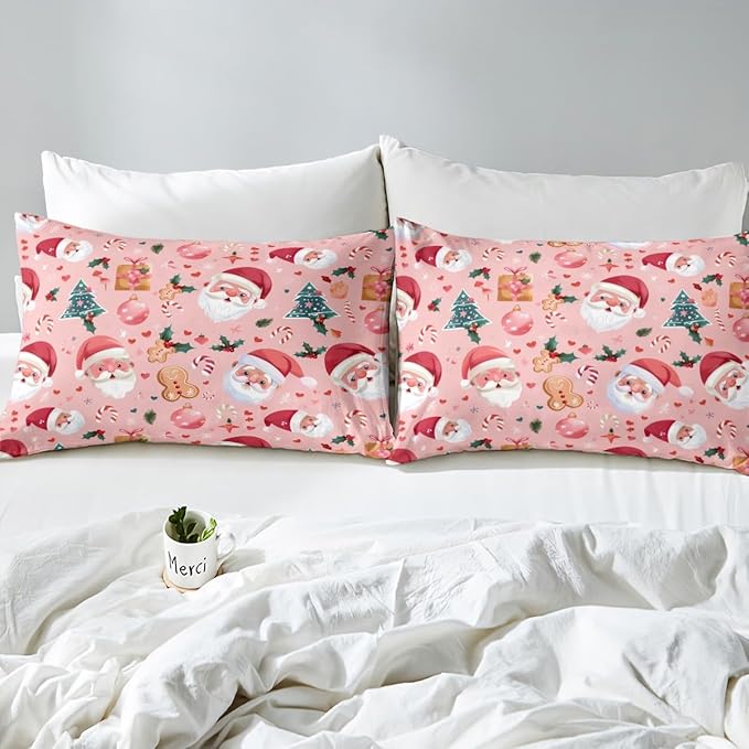 Feelyou Christmas Bedding Set Pink Gingerbread Man Duvet Cover Set for Kids Boys Girls Cookies Comforter Cover Christmas Tree Quilt Cover Bedroom Collection 2Pcs Toddler Size,No Comforter