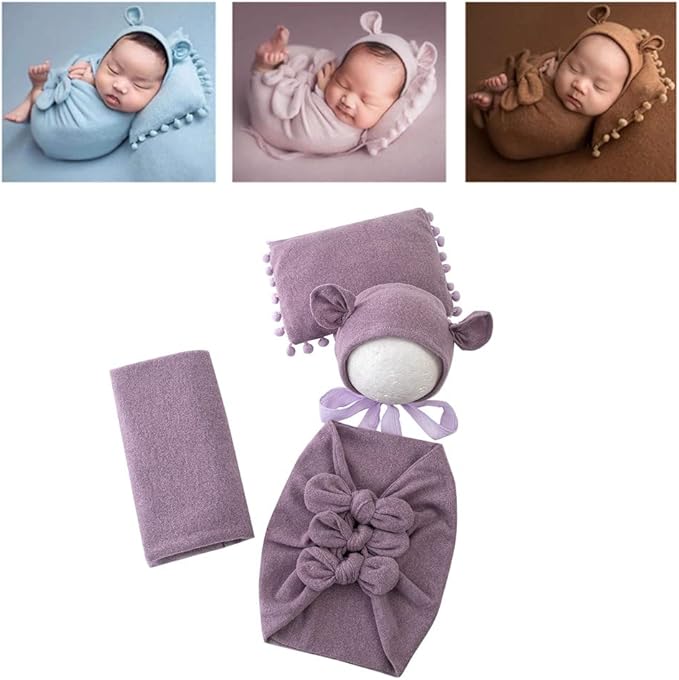 Vemonllas Newborn Baby Boy Girl Photography Props Bow Wrap, Posing Aid, Hat and Blanket Set of 4 Pcs
