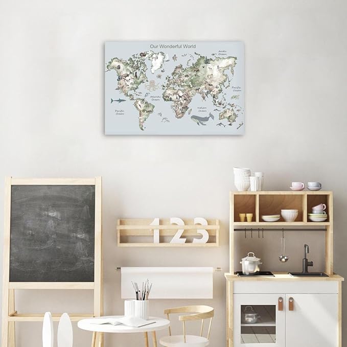 Educational Posters for Toddlers 1-3, Toddler Learning Poster for Kids Ages 3-5, World Map Canvas Print Nursery Preschool Homeschool Kindergarten Classroom Decor 16x24 Inch Unframed B