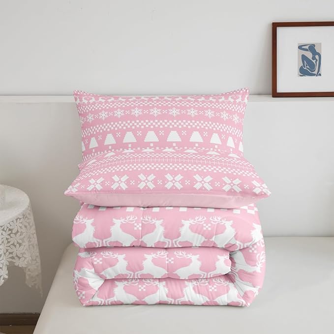 Feelyou Pink Christmas Bedding Set for Kids Boys Girls Queen Size Xmas Deer Elk Decor Comforter Set Ultra Soft Winter Comforter Snowflake Duvet Quilt Bedroom Decor Christmas Ornaments Quilt