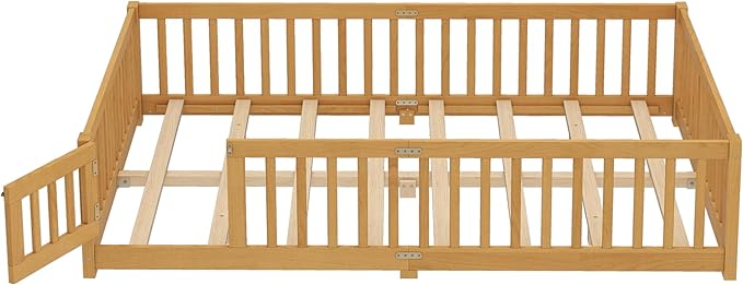 Bellemave Queen Size Floor Bed for Kids, Girls, Boys, Wood Floor Bed with slats and Door, Natural