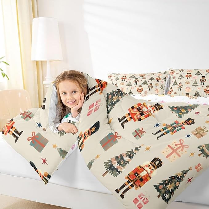 jejeloiu Xmas Nutcracker Comforter Set Toddler Size Christmas Beige Bedding Set for Kids Boys Girls Cute Snowflakes Duvet Quilt Bedroom Decor