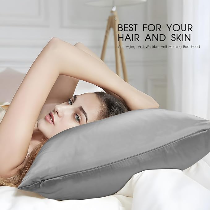 100% Mulberry Silk Pillowcase with Hidden Zipper,Both Sides Pure Silk Breathable Pillow Case for Hair and Skin,19 Momme Grade 6A,1pc,Light Gray,Queen Size 20x30 Inches