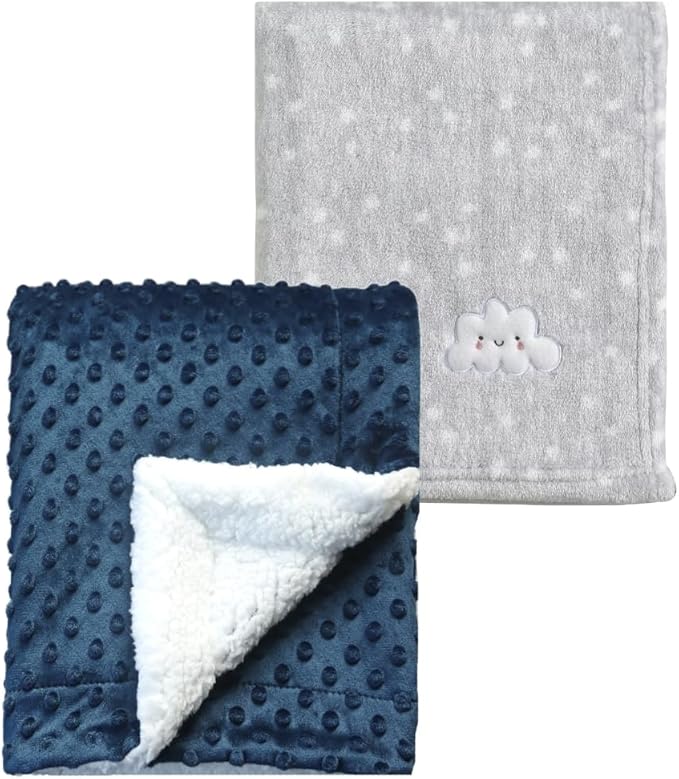 CREVENT 2Pcs 30''X40'' Cute Cozy Fluffy Warm Baby Blankets for Infants Toddlers' Bedding Crib Cot Stroller - Grey Cloud + Navy Sherpa