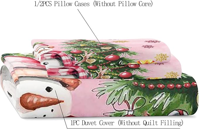 LUVIVIHOME 2PCS Snowman Duvet Cover Twin Bedding Sets, Pink Duvet Cover, Kids Teens Girls Bedding, Christmas Tree Snowflake Holiday New Year Xmas Gifts Christmas Comforter Quilt Cover, 1 Pillow Sham