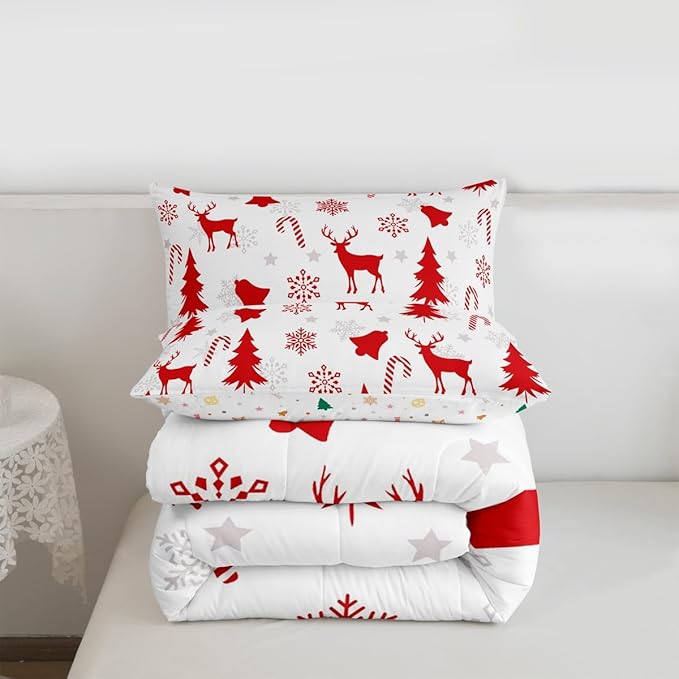 Feelyou Merry Christmas Bedding Set Soft for Boys Girls, Xmas Tree Reindeer Comforter Set Twin Size Candy Cane Bell Duvet Quilt Microfiber Snowflake Bedroom Decor 2 Pcs with 1 Pillow Cases