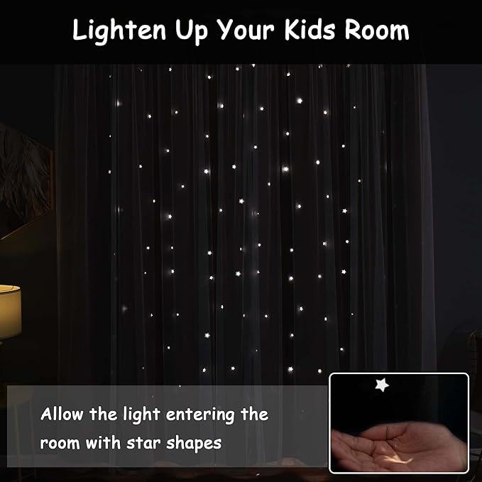 Kinryb Princess Curtains for Girls Bedroom with Sheer Overlay,Double Layer Curtain for Living Room with Star Cutout, Curtains for Kids Room (52 W*84 L Inches,2 Pcs Pink)