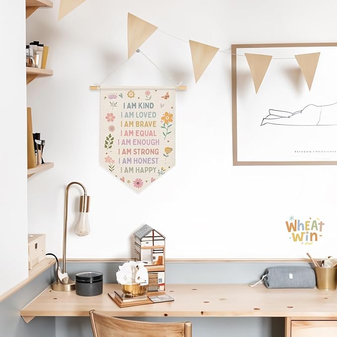 Wheatwin Positive Affirmations Wall Decor, Girl Nursery Decor, Pastel Floral Wall Hanging Pennant Flag Banner for Toddler Baby Girls Room Bedroom Dorm Playroom 15x11 Inch