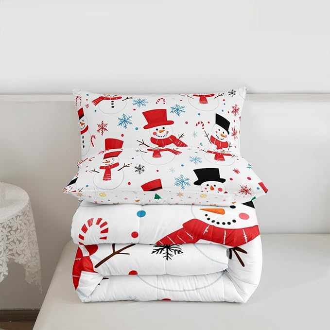 Feelyou Merry Christmas Comforter Set All Season Snowman Bedding Set with 1 Pillow Cases Winter Holiday Microfiber Kids Twin Bedclothes New Year Gift Bedroom Decor Duvet Quilt Soft Lightweight
