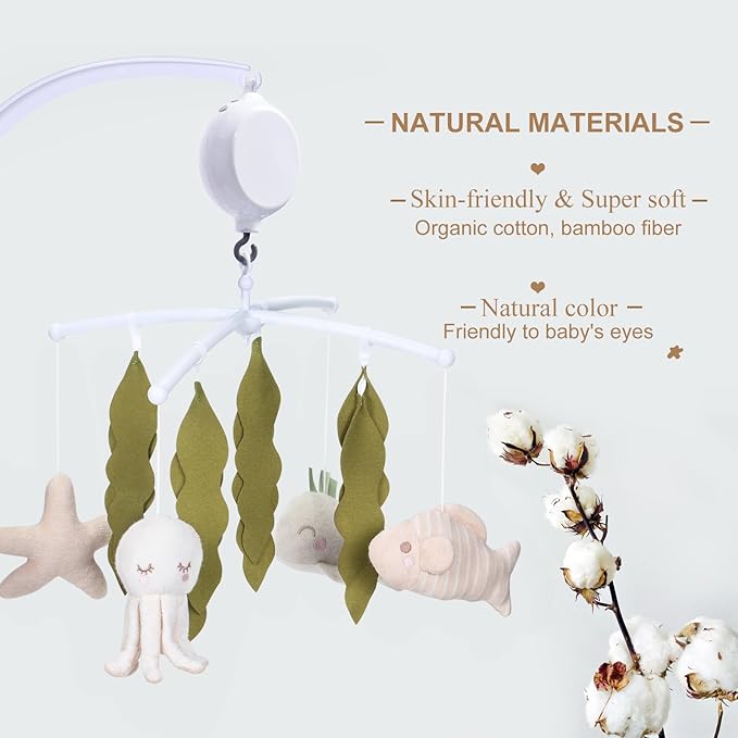 Crib Mobile 35 Lullaby Muisc,Cotton Baby Mobiles for Cribs & Pack N Play, Easy to Install, Stuffed Animals Hanging Toys Newborn Boys & Girls, Ocean Nursery Decor