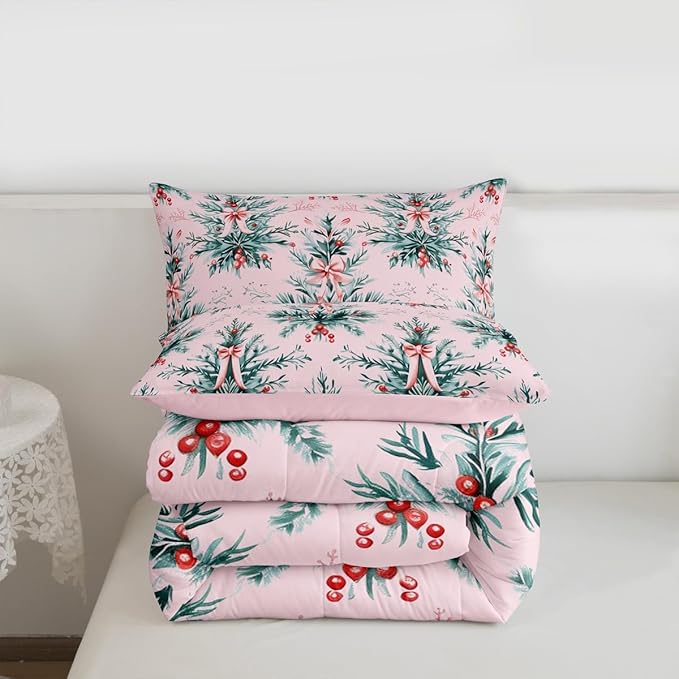 Feelyou Merry Christmas Kids Comforter Set King Size Green Xmas Tree Bedding Set Pink Bow Duvet Quilt for Kids Boys Girls Bedroom Decor Microfiber Ultra Soft Breathable