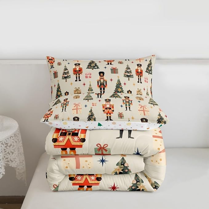 jejeloiu Xmas Nutcracker Comforter Set Twin Size Christmas Beige Bedding Set for Kids Boys Girls Cute Snowflakes Duvet Quilt Bedroom Decor