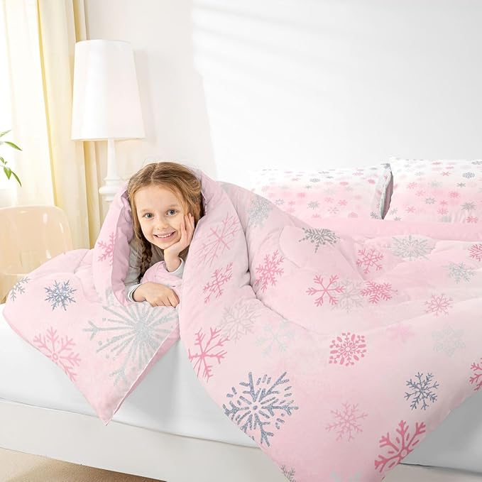 Feelyou Pink Snowflake Comforter Set King, Glitter Snowflake Comforter for Boys Girls Winter Theme Bedding Set Winter Holiday Duvet Set Decorative 3Pcs