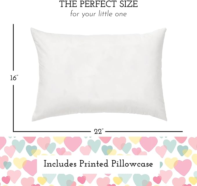 Little Sleepy Head Youth Pillow with Pillowcase 16x22, Soft Jumbo Toddler Pillows, Hypoallergenic Pillow Case - Best Kids Pillows for Sleeping, Perfect Kids Travel Pillows (Hearts)
