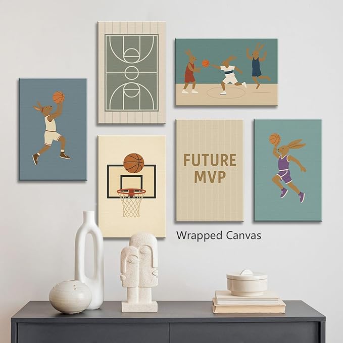 Basketball Canvas Wall Art, Nursery Animal Sports Posters, Bunny Rabbit Athletes Pictures, Positive Quote Print, Kids Bedroom Basketball Court & Hoop Decor 16x24in Framed