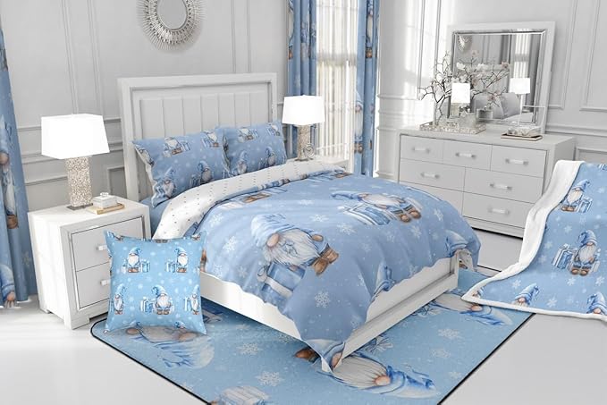 Feelyou Blue Christmas Comforter Set Twin Size Scandinavian Christmas Santa Gnomes Bedding Set for Kids Boys Girls Xmas Snowflake Duvet Quilt Bedroom Decor 2 Pcs with 1 Pillow Cases