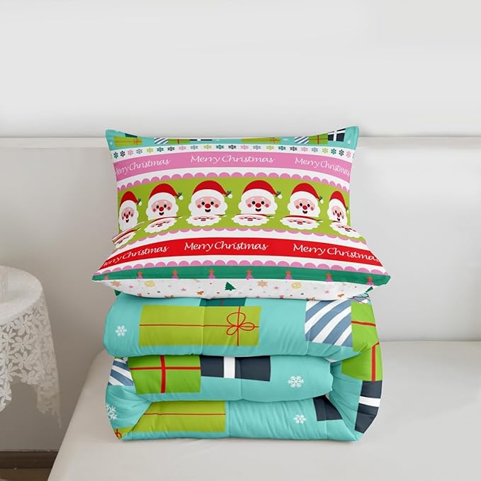 Feelyou Merry Christmas Comforter Set Queen Size Santa Claus Bedding Set for Kids Boys Girls Xmas Tree Snowflake Duvet Quilt Striped Bedroom Decor Microfiber 3 Pcs with 2 Pillow Cases