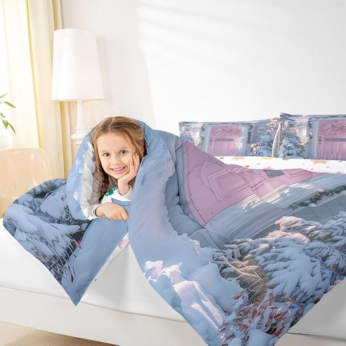 Feelyou Winter Snowscape Bedding Set Soft for Boys Girls, Merry Christmas Comforter Set Full Size Pink Door Duvet Quilt Microfiber Garland Xmas Tree Bedroom Decor 3 Pcs with 2 Pillow Cases