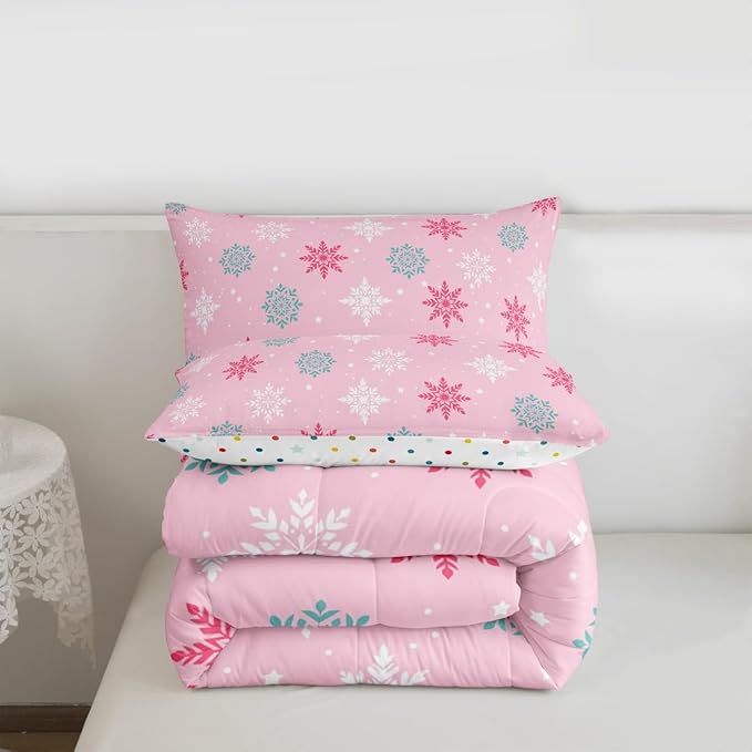 Feelyou Winter Snowflakes Bedding Set Soft for Boys Girls, Winter Holiday Comforter Set Queen Size Frozen Snowflake Duvet Quilt Microfiber Pink Bedroom Decor 3 Pcs with 2 Pillow Cases