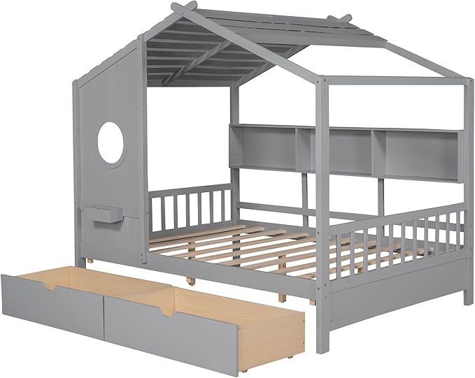 Bellemave Full Size House Bed with 2 Storage Drawers,Kids Bed with Storage Shelves,Wooden House Bed Frame for Girls,Boys,Can be Decorated,Gray