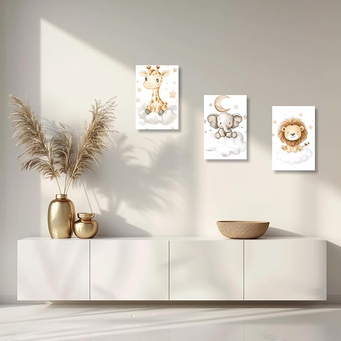 DOARTDO Nursery Animal Canvas Wall Art Baby Animal Pictures 3 Pieces Cute Elephant Lion Giraffe Print Painting Kids Room Nursery Decor Frame (24x36inchx3Pcs)