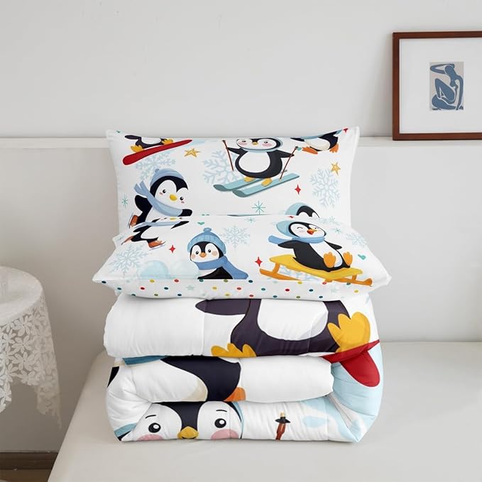 Merry Christmas Theme 3 Pcs King Size Comforter Set,Winter Snowflake New Year Down Alternative Adults Bedroom Decor,Cute Cartoon Skiing Penguin Ultra Soft Microfiber Inner Fill 3 Pcs Bedding