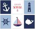 Andaz Press Personalized Ocean Nautical Sailor Theme Nursery Kids Bedroom Hanging Wall Art Decor, 8.5x11-inch, Navy Blue Theme, Boat, Anchor, Lighthouse, 6-Pack, Custom Unframed Room Poster