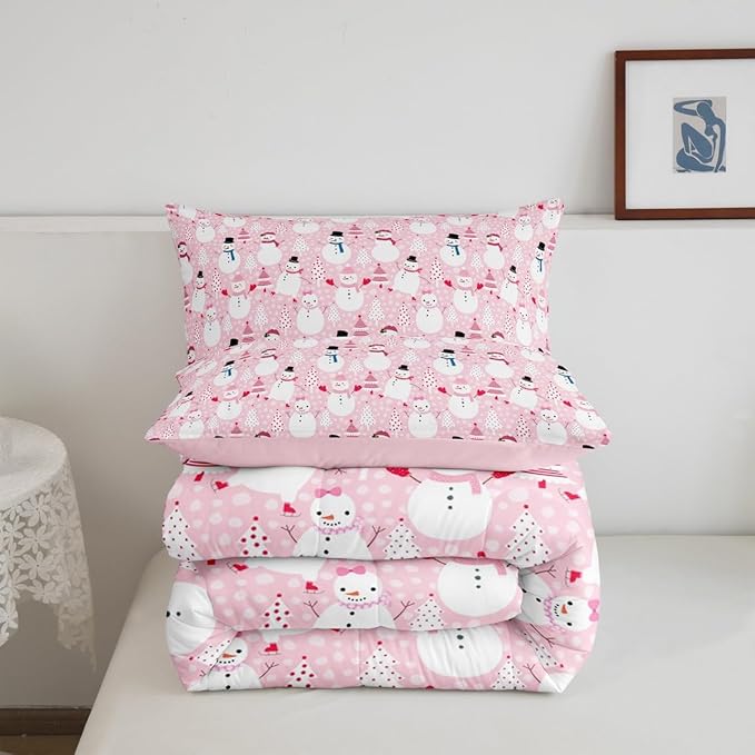 Castle Fairy Merry Christmas Bed Comforter Set Queen Size,Cartoon Pink Dreamy Super Soft Microfiber Bedding Set for Adults Teens,Snowman Christmas Tree Comforter Set,2 Pillowcases