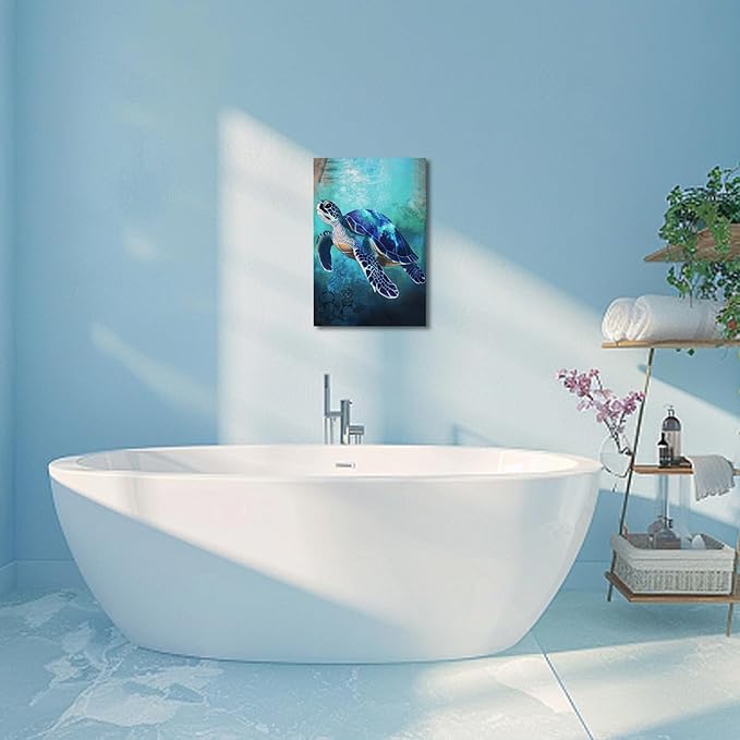 AWPANERAR Sea Turtle Wall Art Bathroom Pictures Watercolor Sea Life Canvas Prints Ocean Animal Poster Nautical Theme Artwork for Kids Room Nursery Decor Framed (Blue, (42L x 28W))