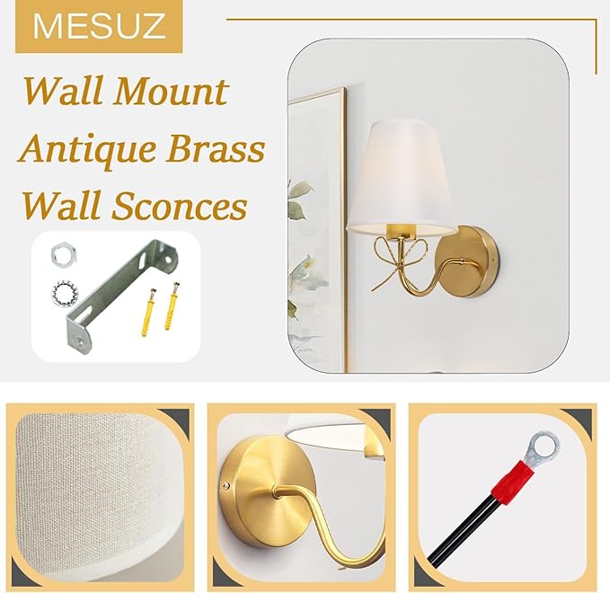 Antique Brass Wall Sconces 1 Pack, Bow Sconces Decor Gold Wall Lights Brass Brushed Gold Sconce with Fabric Shade, E26 110V Hardwired Wall Lamps Indoor for Bedroom, Living Room, Doorway